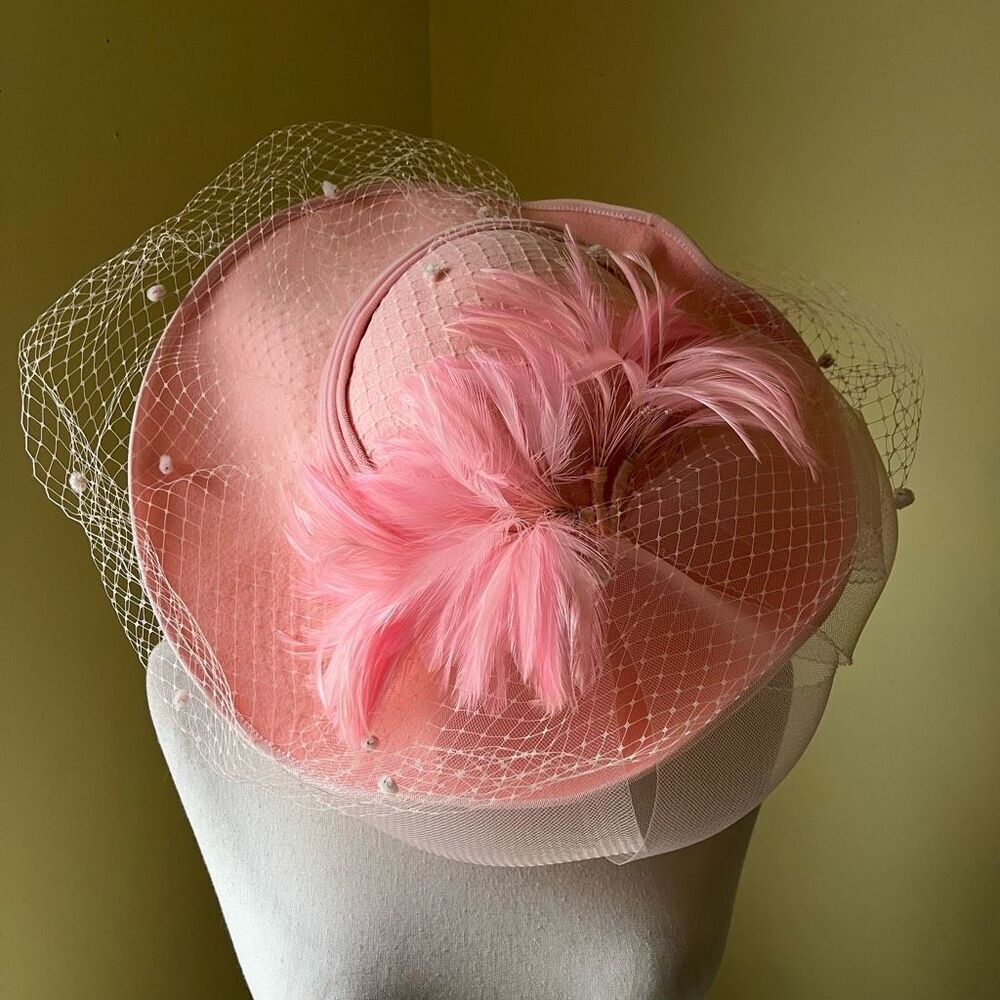 Vintage Pink Feathered Veiled Pillbox Hat